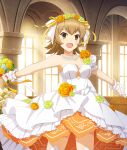  1girl :d arch blue_flower bouquet breasts brown_hair center_opening church cleavage cowboy_shot day dot_nose double-parted_bangs dress flower flower_hairband game_cg gloves green_flower green_rose holding holding_bouquet indoors jewelry large_breasts legs_apart looking_at_viewer medium_hair necklace official_art open_mouth orange_eyes orange_flower orange_rose outstretched_arms pearl_necklace pew red_pupils ribbon rose shimoishii_chika short_sleeves single_bare_shoulder single_sleeve smile solo spread_arms string_of_pearls thighhighs third-party_source toji_no_miko toji_no_miko:_kizamishi_issen_no_tomoshibi wedding_dress white_dress white_gloves white_thighhighs window yellow_flower yellow_ribbon yellow_rose zettai_ryouiki 