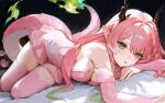  absurdres breasts brown_horns cheriyfu_(vtuber) cleavage commission dragon_girl dragon_tail dress elbow_gloves eri11rie fire flower gloves green_eyes green_fire highres horn_flower horns indie_virtual_youtuber looking_at_viewer pink_dress pink_flower pink_hair pink_tail pink_thighhighs solo tail thighhighs zettai_ryouiki 
