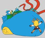 2025 anthro avian beak belly berdly big_belly bird blonde_hair blue_body cchilab clothing deer deltarune duo female green_clothing green_shirt green_topwear hair hi_res hose huge_belly inflation liquid_inflation male mammal new_world_deer noelle_holiday reindeer shirt topwear undertale_(series) water_inflation