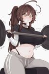  ahoge black_choker black_panties black_shirt brown_eyes brown_hair choker cropped_shirt exercising grey_pants heart heart_ahoge heart_choker highres huge_ahoge indie_virtual_youtuber long_hair panties pants panty_straps ponytail shirt simple_background sitting skindentation sky_above_me sky_above_me_(vtuber) stomach sweatpants underwear virtual_youtuber weightlifting weights white_background 