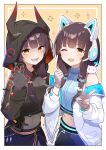  2girls :d ;d absurdres animal_ear_headphones animal_ears animal_on_shoulder asakura_karen_(heaven_burns_red) bare_shoulders black_gloves black_hair black_hoodie blue_shirt blunt_bangs border cat cat_ear_headphones cat_ears cat_on_shoulder claw_pose clenched_hand commentary_request covered_navel cowboy_shot dual_persona fake_animal_ears fake_horns gloves hands_up headphones heaven_burns_red highres hood hood_up hoodie horned_hood horns jacket jacket_partially_removed long_hair looking_at_viewer low_twintails midriff multiple_girls navel official_alternate_costume one_eye_closed open_clothes open_jacket open_mouth outside_border pink_gloves rinki_oohen shirt simple_background sleeveless sleeveless_shirt smile teeth turtleneck turtleneck_shirt twintails upper_teeth_only v v-shaped_eyebrows white_border white_jacket yellow_background yellow_eyes 