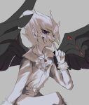  1boy black_wings coat commentary_request crossed_legs demon_wings facing_to_the_side finger_to_mouth fur-trimmed_jacket fur-trimmed_sleeves fur_trim grey_background grin hair_slicked_back hand_on_ground highres invisible_chair jacket looking_at_viewer male_focus monochrome monsterification muted_color pants purple_eyes shingetsu_rei sitting smile spiked_hair spot_color spread_legs tenms_2515 upper_body vector_(yu-gi-oh!) white_coat white_hair white_pants wide_spread_legs wings yu-gi-oh! yu-gi-oh!_zexal 
