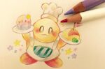 apron art_tools_in_frame blush bright_pupils character-themed_food chef_hat chef_kawasaki closed_mouth colored_pencil_(medium) commentary_request food full_body hat kirby kirby_(series) no_humans omelet omurice photo_(medium) star_(symbol) traditional_media white_apron white_hat white_pupils yukichi_0611 