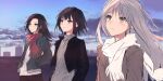  3girls bang_dream! bang_dream!_girls_band_party! black_jacket black_pants blue_sky brown_coat coat commentary cowboy_shot grey_hair grey_sweater hand_in_pocket jacket long_hair long_sleeves looking_up minato_yukina mitake_ran multiple_girls open_clothes open_jacket outdoors pants red_scarf scarf shirt sky sweater trait_connection turtleneck turtleneck_sweater wakana_rei white_scarf white_shirt yellow_eyes yukitake_(bullfalk) 