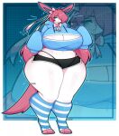 accessory ahoge anthro anthrofied big_breasts bottomwear bow_ribbon breasts cleavage clothed clothing colored cropped_hoodie curvy_figure digital_drawing_(artwork) digital_media_(artwork) ear_piercing eeveelution english_text eyelashes female fur generation_6_pokemon hair hair_accessory hair_bow hair_ribbon hi_res hotpants hourglass_figure huge_breasts legwear long_ears long_hair long_sleeves minishorts nintendo one_eye_obstructed pattern_clothing pattern_legwear piercing pink_ears pink_hair pokemon pokemon_(species) qweeks ribbons shaded shorts solo standing striped_clothing striped_legwear stripes sylveon tail text thick_thighs thong_straps white_body white_fur wide_hips