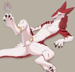 2026 4_toes animal_genitalia anklet anthro anus balls barred_chastity_cage chastity_cage chastity_device chest_tuft digital_drawing_(artwork) digital_media_(artwork) english_description featureless_chest feet fur genitals gold_(metal) gold_chastity_cage gold_chastity_device gold_jewelry grey_background hi_res jewelry looking_at_viewer male metal_chastity_cage navel nude_anthro nude_male pink_anus raised_leg red_body red_fur sergal sheath simple_background solo spread_legs spreading striped_body striped_fur stripes tail_anus toes tuft wearing_chastity_cage wearing_chastity_device white_body white_fur yporolsya