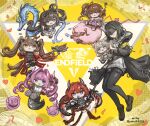  6+girls absurdres angelina_(arknights) animal_ear_fluff animal_ears ardelia_(arknights) arknights arknights:_endfield artist_name black_coat black_hair black_pantyhose blue_eyes bright_pupils brown_eyes brown_hair character_doll chen_qianyu_(arknights) chibi chibi_inset coat commentary_request copyright_name curled_horns demon_horns doll dragon dragon_girl dragon_horns eastern_dragon endministrator_(arknights) female_endministrator_(arknights) fox_ears fox_girl fox_tail gilberta_(arknights) grey_eyes grey_hair hair_intakes highres holding holding_doll hood hood_down hooded_coat horns laevatein_(arknights) little_black_sheep_(arknights) multiple_girls open_clothes open_coat pantyhose perlica_(arknights) pink_eyes pink_hair red_hair sheep sheep_ears sheep_girl surtr_(arknights) tail twintails ymx yvonne_(arknights) 