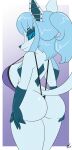 absurd_res anthro aurora_(collinscorpio) big_breasts blue_body blue_eyes blue_hair blue_tail breasts butt canid clothing collinscorpio eeveelution female generation_4_pokemon glaceon hair hand_on_butt hand_on_own_butt hi_res looking_at_viewer looking_back mammal nintendo one-piece_swimsuit pokemon pokemon_(species) sling_bikini solo swimwear tail