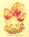  absurdres blush closed_eyes commentary_request english_text flower full_body highres morelull orange_flower painting_(medium) petals pink_flower pokemon pokemon_(creature) purple_flower traditional_media watercolor_(medium) white_background yukichi_0611 