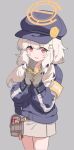  1girl aoba_(blue_archive) armband blue_archive blue_hat blush bow bowtie fluffy_hair gloves grey_background grey_gloves grey_hair grey_skirt halo hat highres jacket long_hair long_sleeves looking_at_viewer low_twintails migolu miniskirt newsboy_cap orange_halo red_eyes skirt solo twintails yellow_armband yellow_bow yellow_bowtie 