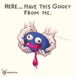  artist_logo blue_skin colored_skin creature disembodied_hand gooey_(kirby) highres holding holding_creature kennydotpng kirby_(series) logo long_tongue monsieurdotpng simple_background smile tongue tongue_out wall-eyed yellow_background 