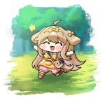  1girl 2ta2ta :3 ahoge animal_ears bag bell blush bow bow_hairband brown_bag brown_hair brown_thighhighs bug butter_(trickcal) butterfly center-flap_bangs chibi chibi_only closed_eyes commentary dog_ears dog_girl dog_tail dress ear_bow full_body grass hairband highres long_hair multicolored_thighhighs neck_bell open_mouth outdoors outstretched_arms pinafore_dress pink_shoes pink_shorts running shirt shoes short_sleeves shorts shoulder_bag sleeveless sleeveless_dress smile solo spread_arms striped_clothes striped_thighhighs symbol-only_commentary tail thighhighs tree trickcal two-tone_thighhighs white_shirt yellow_bow yellow_dress yellow_hairband yellow_thighhighs 