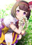  1girl animal_ears blush bow brown_hair closed_mouth commentary_request dress ear_covers flower hair_ornament hairband head_wreath holding horse_ears horse_girl looking_at_viewer nishino_flower_(tiered_petal)_(umamusume) nishino_flower_(umamusume) otono_(bkt4b) pink_hairband purple_eyes purple_skirt short_hair skirt sleeveless sleeveless_dress smile solo squatting umamusume white_dress wrist_cuffs x_hair_ornament yellow_skirt 