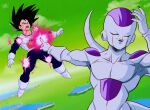  2boys absurdres armor black_bodysuit black_hair blood blood_from_mouth bodysuit border closed_eyes colored_skin dragon_ball dragon_ball_z final_form_frieza frieza gloves highres jujutsu_kaisen medium_hair meme midair multiple_boys naoya_hitting_choso_without_looking_(meme) open_mouth pointing saiyan_armor salva_makoto spiked_hair vegeta white_armor white_border white_gloves white_skin 
