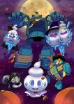  +_+ absurdres bandages bat_(animal) black_hat closed_eyes clothed_pokemon cloud commentary_request dotaku_(wran8845) drooling durant fangs full_moon golett golurk halloween halloween_bucket halloween_costume hat heatmor highres moon mouth_drool night open_mouth pirate_hat pokemon pokemon_(creature) pokemon_focus pumpkin smile top_hat vanillish vanillite vanilluxe witch_hat 