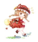  1girl :o absurdres back_bow bare_shoulders basket blunt_bangs bow braid brown_bow brown_eyes brown_hair brown_shoes chibi chinese_commentary clothing_cutout commentary_request dress flower food_print frilled_anklet frilled_headwear glimmering_forest_(infinity_nikki) grass hair_bow hat hat_bow hat_flower highres holding holding_basket infinity_nikki leg_up light_blush long_hair long_sleeves low_twin_braids marking_on_cheek mushroom mushroom_hat mushroom_hat_ornament mushroom_print neck_ruff nikki_(series) notice_lines open_mouth pink_flower print_bow puffy_long_sleeves puffy_sleeves red_dress red_hat red_socks rock shenqi_tuoxie_zai_nali shoes shoulder_cutout simple_background socks solo surprised twin_braids white_background yellow_bow 