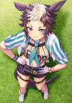  1girl animal_ears belt black_shorts blue_eyes blush boots bracelet breasts brown_hair brown_shirt closed_mouth commentary cropped_jacket ear_piercing gloves grass green_necktie highres horse_ears horse_girl horse_tail jacket jewelry large_breasts looking_at_viewer mejiro_ryan_(down_the_line)_(umamusume) mejiro_ryan_(umamusume) midriff midriff_peek multicolored_hair navel necktie otono_(bkt4b) outdoors piercing shirt shirt_under_shirt short_hair shorts smile solo striped_clothes striped_jacket studded_bracelet tail thigh_strap tied_shirt two-tone_hair umamusume vertical-striped_clothes vertical-striped_jacket white_boots white_gloves white_hair 