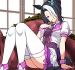  1girl animal_ears arm_support black_hair blush commentary cosplay couch cropped_jacket ear_ornament hair_over_one_eye highres horse_ears horse_girl horse_tail indoors jacket knees_up looking_at_viewer mejiro_ramonu_(umamusume) multicolored_hair neck_ribbon on_couch open_clothes open_jacket puffy_short_sleeves puffy_sleeves purple_eyes purple_ribbon purple_vest ribbon sheita short_sleeves skirt solo special_week_(special_dreamer)_(umamusume) special_week_(umamusume) special_week_(umamusume)_(cosplay) streaked_hair tail thighhighs thighs umamusume vest white_hair white_jacket white_skirt white_streaks white_thighhighs window 