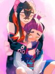  1boy 1girl :d black_hair black_kimono blush brother_and_sister carmine_(pokemon) carmine_(sygna_suit)_(pokemon) colored_inner_hair commentary crossed_bangs detached_sleeves eyelashes gloves hair_between_eyes hairband hands_on_another's_cheeks hands_on_another's_face highres hug hug_from_behind implied_incest jacket japanese_clothes kieran_(pokemon) kimono long_hair long_sleeves multicolored_hair official_alternate_costume open_clothes open_jacket open_mouth pink_hairband pokemon pokemon_masters_ex purple_gloves purple_hair red_hair shiro_(46isou) siblings smile sweat symbol-only_commentary two-tone_hair white_jacket yellow_eyes 