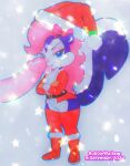 absurd_res anthro blue_eyes christmas christmas_clothing clothing female fifi_la_fume genitals hair hi_res holidays licking mammal mephitid oral penile penis penis_lick pink_hair purple_body robbiewallace sex simple_background skunk solo tiny_toon_adventures tongue tongue_out traditional_media_(artwork) vulva warner_brothers