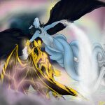 1:1 anthro arms_outstretched canid canine canis cloud demon dragon duo electricity fledge_(fledgedragonfox) fledgedragonfox flying fox holding_arm hybrid johny_thunder_(johny_thunder) lightning looking_at_another male mammal multi_tail mythological_creature mythological_scalie mythology night scalie snow tail wings wolf