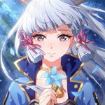  1girl absurdres armor blue_eyes blue_flower blunt_bangs blush breastplate chinese_commentary choker closed_mouth commentary_request flower genshin_impact grey_eyes hair_ornament hair_ribbon highres holding holding_flower homura2414 kamisato_ayaka long_hair looking_at_viewer mole mole_under_eye petals ponytail ribbon sidelocks smile solo tears tress_ribbon upper_body white_hair 