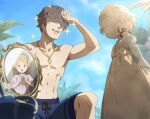  1boy 1girl absurdres black_clover black_clover_m:_rise_of_the_wizard_king blue_shorts blue_sky brother_and_sister brown_eyes brown_hair crab day gauche_adlai hair_over_one_eye highres holding holding_mirror jewelry marie_adlai mirror necklace non-web_source official_alternate_costume official_art open_mouth palm_tree short_hair shorts siblings sky sparkle teeth topless_male tree upper_teeth_only 