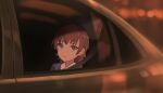  1girl aged_down ahoge bang_dream! bang_dream!_girls_band_party! blue_eyes blue_jacket blurry bokeh brown_hair car collared_shirt commentary depth_of_field from_outside jacket long_hair looking_outside motor_vehicle night shirt solo tamade_chiyu white_shirt yukitake_(bullfalk) 