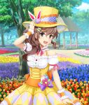  1girl :d animal_ears bare_shoulders blue_eyes blue_flower blue_sky blue_tulip bow breasts brown_hair cloud cowboy_shot day detached_collar detached_sleeves dot_nose dress easter easter_egg egg flower flower_bed frilled_shirt frills game_cg gazebo hair_ornament hairclip hand_on_own_head hat hat_ribbon looking_at_viewer medium_breasts neck_ribbon nishi_kozue official_art open_mouth orange_bow orange_flower orange_ribbon orange_tulip orange_wrist_cuffs outdoors path pink_flower pink_ribbon plaid_ribbon purple_bow purple_ribbon rabbit_ears red_flower red_tulip ribbon shirt short_sleeves side_ponytail sidelocks sky sleeve_ribbon smile solo teeth third-party_source toji_no_miko toji_no_miko:_kizamishi_issen_no_tomoshibi top_hat tree tulip underbust upper_teeth_only waist_ribbon white_shirt white_sleeves wrist_cuffs yellow_dress yellow_flower yellow_hat 