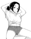  1girl belly breasts commentary_request curvy ebihara_naho greyscale highres idolmaster idolmaster_cinderella_girls medium_breasts midriff monochrome navel noe_aoikaba ponytail shirt short_shorts shorts sitting smile solo tied_shirt tying_hair 