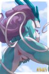 2:3 anthro big_breasts blue_body blue_fur breasts butt female fingering fingering_self fur generation_2_pokemon genitals hair hi_res legendary_pokemon long_hair looking_at_viewer looking_back looking_back_at_viewer low-angle_view masturbation nawka nintendo pokemon pokemon_(species) purple_hair rear_view smile solo suicune vaginal vaginal_fingering vaginal_masturbation vulva