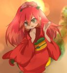  1girl blush_stickers commentary_request ffr3ydgktl77985 flower green_eyes hair_flower hair_ornament highres japanese_clothes kimono long_hair looking_at_viewer open_mouth pink_flower red_hair red_kimono solo tsubakihime_(youkai_watch) youkai_(youkai_watch) youkai_watch 