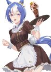  1girl animal_ears apron blue_hair blue_tail blush breasts brown_shirt brown_skirt cesario_(umamusume) cowboy_shot employee_uniform food frilled_apron frilled_skirt frills gold_trim hair_between_eyes highres holding holding_tray horse_ears horse_girl horse_tail kagari_liroi looking_at_viewer medium_breasts multicolored_hair open_mouth parfait purple_eyes shirt short_hair simple_background skirt smile solo streaked_hair striped_clothes striped_shirt tail tray umamusume vertical-striped_clothes vertical-striped_shirt waist_apron white_apron white_background white_hair white_streaks white_wrist_cuffs wrist_cuffs 