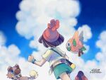  1girl aqua_shorts art_academy_(medium) bag beanie bird black_hair blue_sky cloud commentary_request dog handbag hat median_furrow owl pokemon pokemon_(creature) pokemon_sm red_hat rockruff rowlet running saikachi_(ogre_tree) selene_(pokemon) shirt short_hair short_sleeves shorts sky tied_shirt 