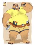 absurd_res anthro barazoku barefoot beard belly big_moobs big_muscles bluey_(series) bottomwear bulge canid canine canis clothing digital_media_(artwork) domestic_dog double_chin facial_hair feet full-length_portrait gesture grin hairy hand_gesture hi_res male mammal moobs musclegut muscular overweight overweight_male pit_bull pointing pointing_at_self portrait reference_image shirt shorts smile solo sparky_(bluey) sweat_stain tigertimeworks tool_belt tools toothy_grin topwear yellow_clothing yellow_shirt yellow_topwear