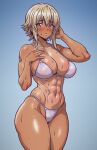  1girl abs ass_peek bare_arms bare_legs bare_shoulders bikini blonde_hair blush breasts brown_eyes cleavage collarbone commentary csaurageul dark-skinned_female dark_skin english_commentary eyebrows_hidden_by_hair gradient_background groin hair_between_eyes hand_on_own_chest hand_on_own_head large_breasts looking_at_viewer micro_bikini muscular muscular_female navel original pink_lips pink_nails short_hair shy sideboob simple_background sweat swimsuit tan tanlines thick_eyebrows thick_eyelashes thick_thighs thighs thong_bikini toned twintails white_bikini 