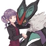  1girl ;d bang_dream! bang_dream!_girls_band_party! black_jacket brown_eyes closed_eyes collared_dress commentary dress jacket looking_at_another noivern one_eye_closed open_clothes open_jacket open_mouth pokemon pokemon_(creature) purple_hair red_dress simple_background smile twintails udagawa_ako white_background yukitake_(bullfalk) 