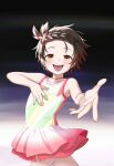  1girl :d absurdres atg_(wttoo0202) bare_arms bare_shoulders braid brown_eyes brown_hair dress forehead highres ice_skating looking_at_viewer medalist_(manga) pink_dress pleated_dress skating sleeveless sleeveless_dress smile solo yuitsuka_inori 