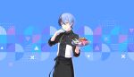  1boy aoyagi_touya black_shirt blue_background blue_hair colorful_palette earrings flower game_cg grey_eyes hair_between_eyes highres holding holding_tray jewelry looking_at_viewer male_focus multicolored_hair official_art pink_flower project_sekai saikou_no_crank_up!_(project_sekai) shirt short_hair single_earring solo split-color_hair spoon tassel tassel_earrings third-party_source tray triangle 