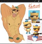 abs anthro aoden708_artist armpit_hair black_eyes blue_boots blue_clothing blue_footwear bodily_fluids body_hair boots clothing domestic_cat drawing eye_patch eyewear felid feline felis footwear fur gun hat headgear headwear hi_res kwazii male mammal octonauts orange_body pecs pink_nose ranged_weapon saliva saliva_on_tongue shoes solo tail teeth tongue underwear weapon