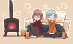  2girls bang_dream! bang_dream!_girls_band_party! black_pants blush brown_background brown_pants closed_eyes commentary couch crossed_arms fireplace glasses hikawa_hina hood hoodie indian_style knees_up long_sleeves multiple_girls on_floor orange_hoodie pants red_sweater ribbed_sweater simple_background sitting sweater turtleneck turtleneck_sweater yamato_maya yukitake_(bullfalk) 