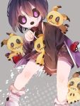  1boy allister_(pokemon) black_sclera colored_sclera commentary english_commentary long_sleeves looking_at_viewer mimikyu open_mouth poke_ball pokemon pokemon_(creature) pokemon_swsh purple_eyes shizumu_(4_zu6) simple_background 