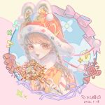  1girl animal_ear_headwear animal_ears blue_background border bow braid brown_eyes brown_hair chinese_commentary commentary_request dated earrings fake_animal_ears fang feiyunchan fingernails fireworks floral_background floral_print flower flower_earrings fur-trimmed_headwear fur_scarf fur_trim happy hat highres holding holding_fireworks hutou_hat infinity_nikki jewelry light_blush lipstick long_hair long_sleeves looking_at_viewer makeup momo_(nikki) new_bloom_blessings_(infinity_nikki) nikki_(series) notice_lines open_mouth outline outside_border pink_border pink_bow pink_lips pink_outline pom_pom_hat_ornament print_headwear puffy_long_sleeves puffy_sleeves red_flower red_hat red_vest round_border scarf shirt signature smile solo sparkle sparkler twin_braids two-tone_border upper_body vest white_scarf white_shirt yellow_border 