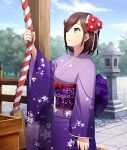  1girl architecture blue_sky box brown_hair cloud cowboy_shot day donation_box east_asian_architecture fence floral_print floral_print_kimono flower from_side game_cg hair_flower hair_ornament hair_over_one_eye hand_up holding holding_rope japanese_clothes kimono lily_print long_sleeves obi official_art one_eye_covered outdoors parted_lips print_kimono profile purple_eyes purple_kimono purple_sash red_flower rope sasano_miyako sash short_hair shrine sidelocks sideways_mouth sky solo stone_lantern stone_walkway third-party_source toji_no_miko toji_no_miko:_kizamishi_issen_no_tomoshibi tree wooden_fence 