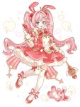  1girl :d absurdres animal_ears blue_eyes blush bow bowtie commentary_request crown detached_sleeves dot_nose dress frilled_dress frills full_body hair_intakes hair_ornament hairclip heart heart_hair_ornament highres holding holding_wand long_hair open_mouth original pink_hair rabbit_ears rabbit_girl red_bow red_bowtie red_dress red_shoes red_sleeves saijo1201 shoes simple_background sleeveless sleeveless_dress smile solo sparkle standing standing_on_one_leg striped_bow striped_bowtie striped_clothes striped_sleeves stuffed_animal stuffed_rabbit stuffed_toy thighhighs twintails wand watermark white_background white_thighhighs zettai_ryouiki 