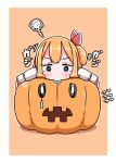  1girl @_@ blonde_hair border bow commentary_request eating flying_sweatdrops hair_bow highres jack-o'-lantern long_sleeves one_side_up orange_background pumpkin roco_(katsuya1011) rumia saliva solo squiggle teardrop touhou translation_request white_border 