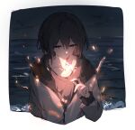  1girl bang_dream! bang_dream!_it's_mygo!!!!! border brown_eyes collarbone fireworks grey_hair grey_jacket grey_shirt hair_between_eyes hibioes highres holding holding_fireworks jacket long_hair ocean open_mouth shirt solo sparkler takamatsu_tomori upper_body white_border 