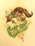  absurdres black_eyes blush bright_pupils closed_mouth commentary_request flower head_wreath highres no_humans painting_(medium) pokemon pokemon_(creature) red_flower simple_background skiddo smile solo traditional_media watercolor_(medium) white_pupils yukichi_0611 