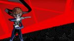  1girl atlus black_background black_bodysuit black_scarf blue_bodysuit bodysuit boots braid breasts brown_hair closed_mouth commentary company_name cross-laced_clothes crown_braid domino_mask english_commentary eye_mask gloves gun highres holding holding_gun holding_weapon knee_boots legs_apart looking_at_viewer mask niijima_makoto official_art oribe_hanako parted_bangs persona persona_5 persona_5_tactica queen_(persona_5) red_background red_eyes revolver scarf second-party_source short_hair shoulder_spikes solo spiked_knuckles spikes standing star_(symbol) star_symbol_background weapon 