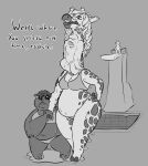 angry anthro belly bikini bikini_bottom bikini_top body_outline breasts clothing curly_hair dialogue diving_board domestic_cat dripping_wet felid feline felis female giraffe giraffid group hair hand_holding hand_on_hip hi_res imprint inside_throat lips lipstick makeup mammal markings monochrome navel neck_bulge nommsalotl overweight overweight_female poolside sad spots spotted_markings stretched_throat swallowing swimming_pool swimwear talking_to_prey trio two-piece_swimsuit vore walking wet wide_hips